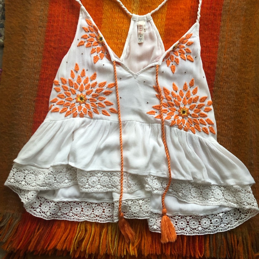 White and Orange Embroidered Women's Top